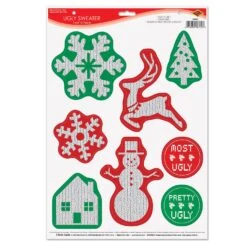 Christmas Ugly Sweater Peel 'N Place Clings (8 Per Package)