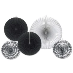 New Year's Eve Paper & Foil Decorative Fans - Assorted Black & Silver (5 Per Package)