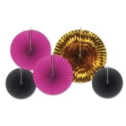 Paper & Foil Decorative Fans - Assorted Black - Cerise - Gold (5 Per Package)