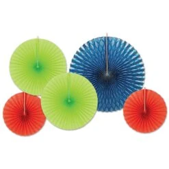 Paper & Foil Decorative Fans - Assorted Red - Blue - Lime Green (5 Per Package)