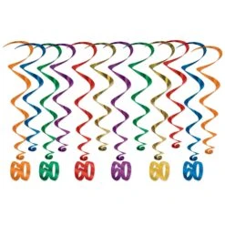 60th Birthday Party Whirls- Multicolor (12 Per Package)