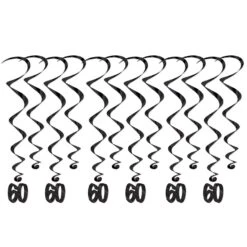 60th Birthday Party Whirls- Black (12 Per Package)