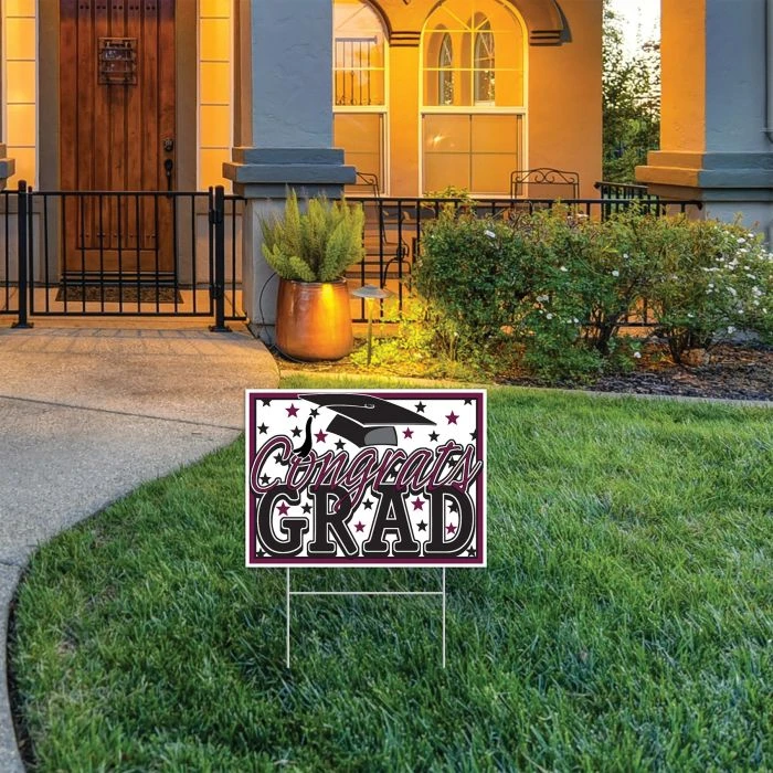 Burgundy Plastic Congrats Grad Yard Sign (1 Per Package) 2 Burgundy Plastic Congrats Grad Yard Sign (1 Per Package) - Image 2