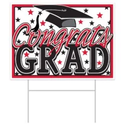 Plastic Red Congrats Grad Graduation Party Yard Sign (6 Per Case)