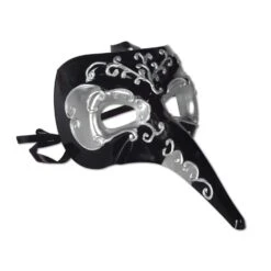 Mardi Gras Long Nose Mask - Black & Silver - Black Ribbon Ties