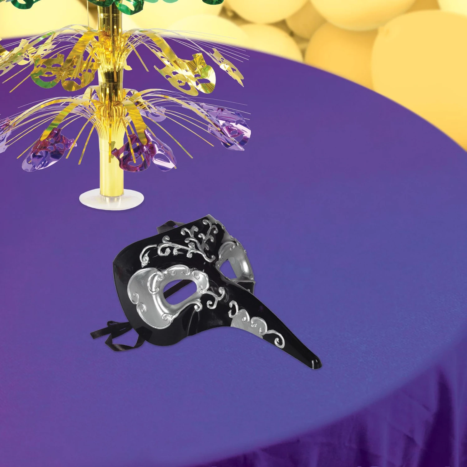 Mardi Gras Long Nose Mask - Black & Silver - Black Ribbon Ties 2 Mardi Gras Long Nose Mask - Black & Silver - Black Ribbon Ties - Image 2