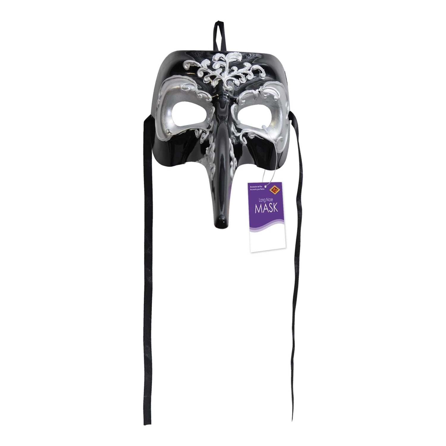 Mardi Gras Long Nose Mask - Black & Silver - Black Ribbon Ties 3 Mardi Gras Long Nose Mask - Black & Silver - Black Ribbon Ties - Image 3