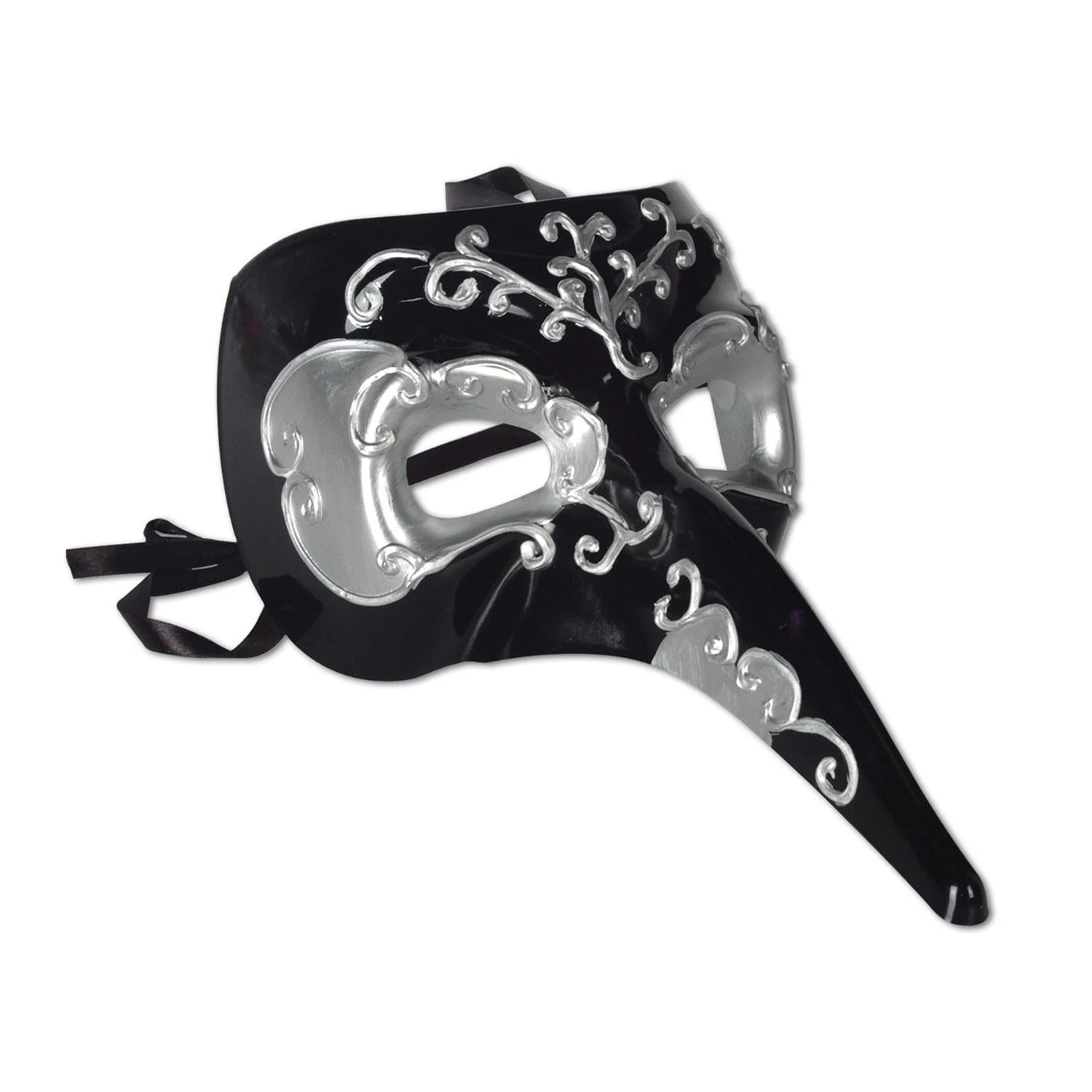Mardi Gras Long Nose Mask - Black & Silver - Black Ribbon Ties 1 Mardi Gras Long Nose Mask - Black & Silver - Black Ribbon Ties