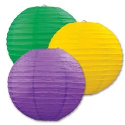 Mardi Gras Paper Lanterns - Assorted Golden-yellow - Green - Purple (3 Per Package)