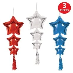 Star Balloons With Tassels Assorted Red, Silver, Blue (3 Per Package) -Bulk Party Supplies Shop 56205 RSB i4