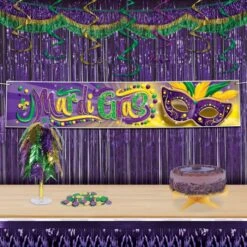 Mardi Gras 72.5 Inch Tinsel Fringe Bunting (1 Per Package) -Bulk Party Supplies Shop 56383 GGP i2 mardi gras tinsel fringe bunting