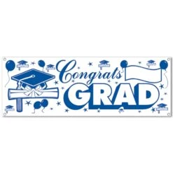 Congrats Grad Graduation Party Sign Banner - Blue & White - All-weather