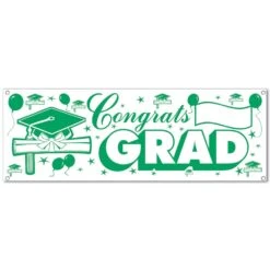 Congrats Grad Graduation Party Sign Banner - Green & White - All-weather