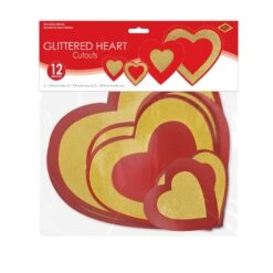 Valentine's Day Glittered Heart Cutouts- Red And Gold -Bulk Party Supplies Shop 70018 i3