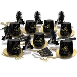 Hello New Year Black And Gold Party Kit For 50 People