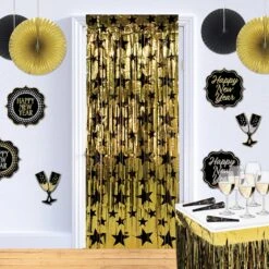 1-Ply Gleam 'N Party Curtain - Gold With Prtd Black Stars -Bulk Party Supplies Shop 80340 BKGD i2 1