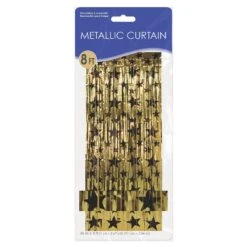 1-Ply Gleam 'N Party Curtain - Gold With Prtd Black Stars -Bulk Party Supplies Shop 80340 BKGD i3