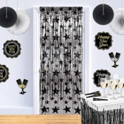 1-Ply Gleam 'N Party Curtain - Silver With Black Stars 8 1-Ply Gleam 'N Party Curtain - Silver With Black Stars -Bulk Party Supplies Shop 80340 BKS i2 1