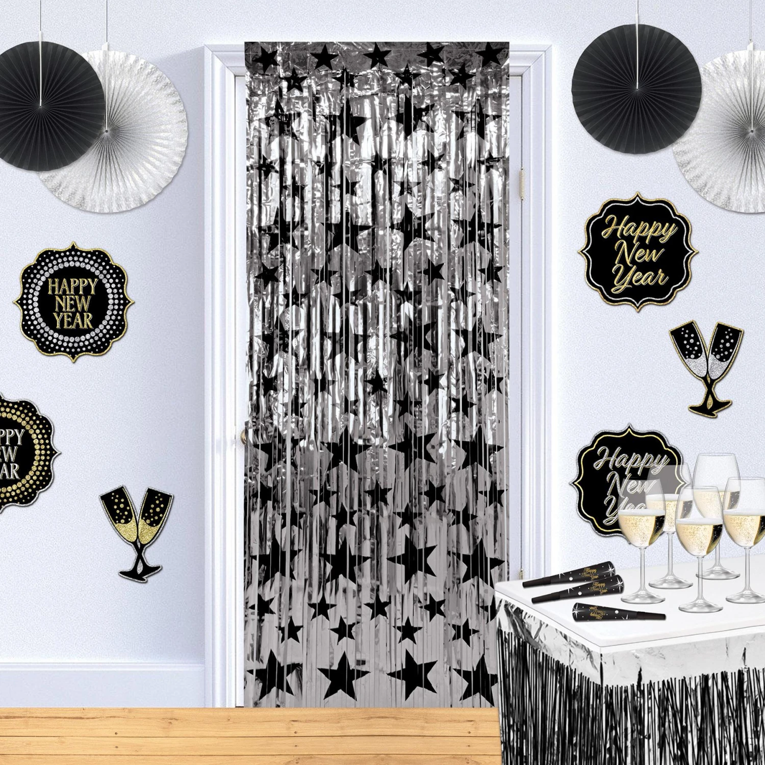 1-Ply Gleam 'N Party Curtain - Silver With Black Stars 3 1-Ply Gleam 'N Party Curtain - Silver With Black Stars - Image 3