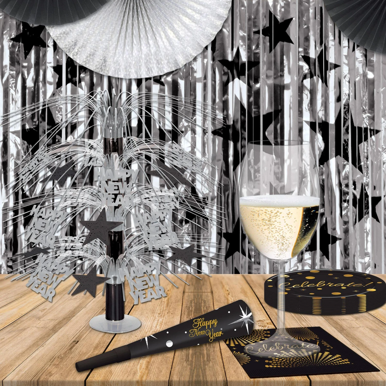 1-Ply Gleam 'N Party Curtain - Silver With Black Stars 2 1-Ply Gleam 'N Party Curtain - Silver With Black Stars - Image 2