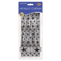 1-Ply Gleam 'N Party Curtain - Silver With Black Stars 9 1-Ply Gleam 'N Party Curtain - Silver With Black Stars -Bulk Party Supplies Shop 80340 BKS i3