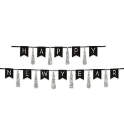 Happy New Year Tassel Streamer- Black And Silver
