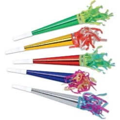 Foil New Years Party Horns With Tassel Assorted Colors (100 Per Case)